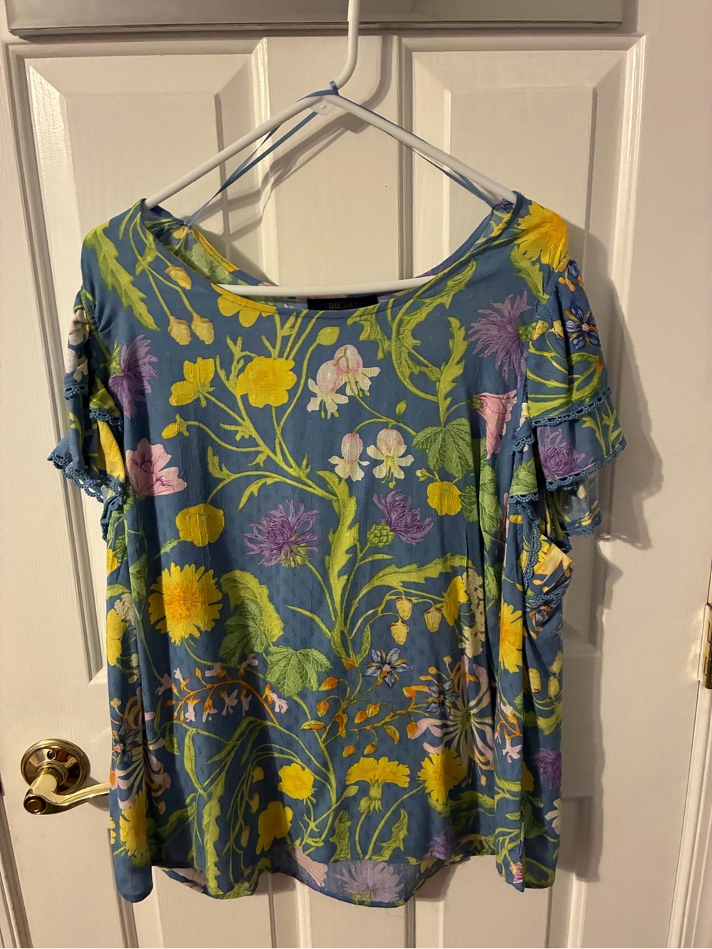 Rachel Roy Blue Floral Short Sleeve Blouse with Yellow & Purple Flowers